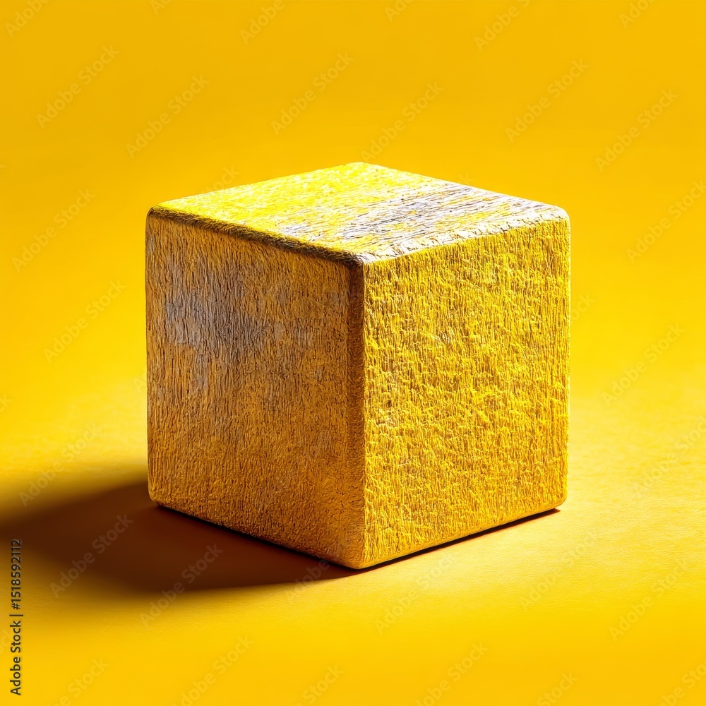 Poster Monochromatic Yellow: Textured Cube Casting a Shadow on a Seamless Backdrop for Geometric Art or a Product Display