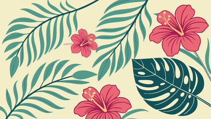 Vibrant tropical pattern featuring hibiscus flowers and lush green foliage on a subtle light beige background