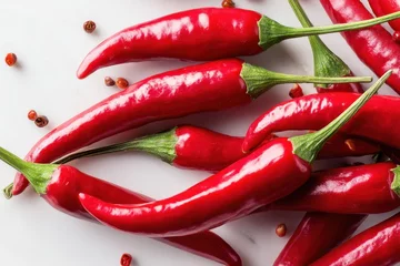 A vibrant close-up of fresh red chili peppers with green stems, offering a spicy, colorful culinary ingredient perfect for cooking and enhancing food flavor and aroma.