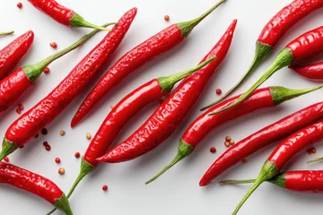 Vibrant and fiery red chili peppers arranged artfully on a pristine white surface, a close-up highlighting their intense color and texture, with scattered seeds, macro shot.