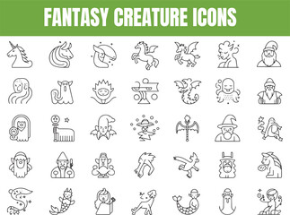 Fantasy Creature Line Icon Set – Vector Pictograms of Mythical Beings & Monsters

