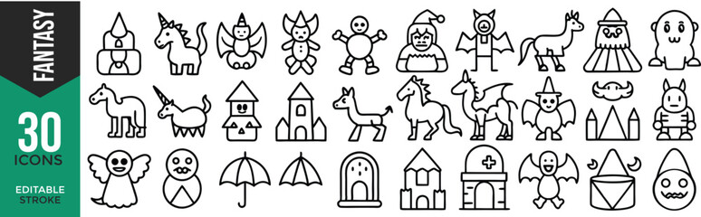 Fantasy Creature Line Icon Set – Vector Pictograms of Mythical Beings & Monsters

