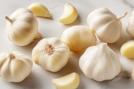 Close-up image of fresh garlic bulbs and cloves scattered on a bright marble surface, showcasing their natural texture and form, ready to use in cooking.
