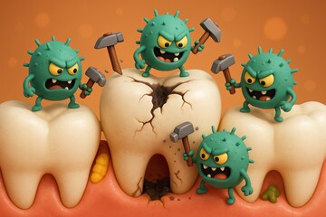 Naklejka premium Renderização 3D médica infantil: a cárie destrói dentes de leite sujos com martelos