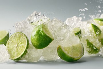 Fresh and vibrant lime wedges nestled in a bed of crushed ice with water droplets, creating a refreshing and inviting citrus display for summer drinks and cocktails.