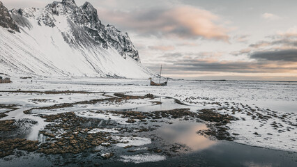 Viking village. Iceland. Sunrise. Sunset. Winter
