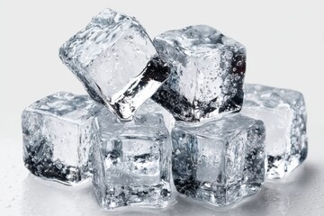 A close-up of glistening ice cubes, stacked and reflecting light, set against a clean, white background, perfect for refreshing beverage or cooling concepts.