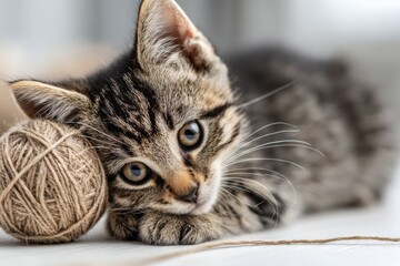 Fototapeta premium Close-up of a cute tabby kitten resting its head on a ball of yarn, looking directly into the camera with adorable eyes on a white surface.