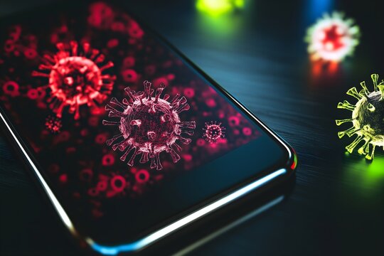 A red virus graphic on a smartphone screen which is placed on a laptop keyboard in a dark setting