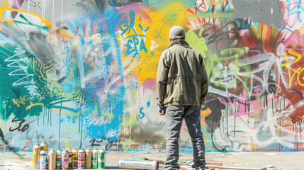 A street artist creates colorful stencil graffiti murals using aerosol spray paint, surrounded by tools like paint cans, brushes, and rollers, bringing city walls to life...