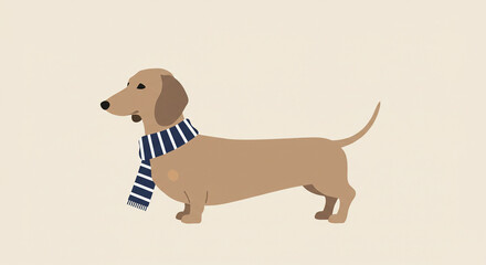 Minimalist flat vector illustration of Dachshund wearing striped scarf with clean outlines and muted color palette in modern digital art style