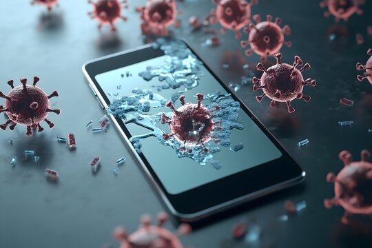 A conceptual 3D render of a cybersecurity threat with red virus or malware cells emerging from and shattering the screen of a modern smartphone