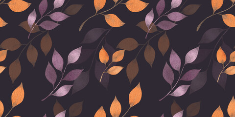 Watercolor seamless pattern with autumn branches and leaves. Autumn leaves of orange and purple colors. Print for design and decoration. Packaging, wrapping paper, background, scrapbooking
