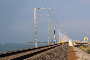 The new pamban railway bridge, rameshwaram, ramanathapuram, tamilnadu, India, asia, railway in summer evening, indian railways, Sea bridge, railroad tracks, railroads, train tracks transportation 