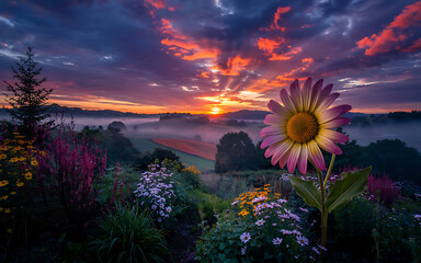 A stunning sunset illuminates a giant daisy amidst a vibrant field of wildflowers.