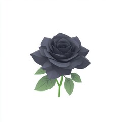 Fototapeta premium Elegant Black Paper Rose with Green Leaves on White Background