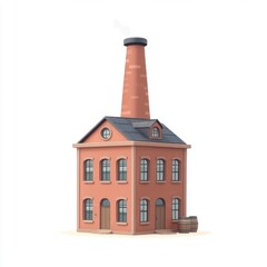Charming Factory Building with Tall Smokestack and Rear Barrel