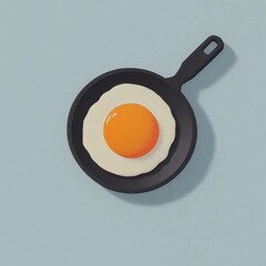 Single Fried Egg in Black Pan on Light Blue Background