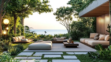 Outdoor lounge area with plush seating overlooking the ocean surrounded by lush greenery and trees