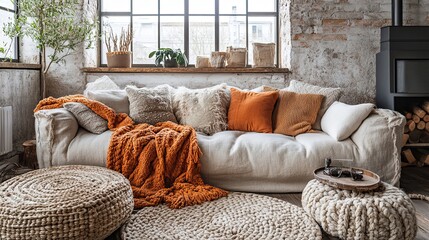 Cozy living room interior with a large white sofa, orange throw blanket, and woven poufs near a window