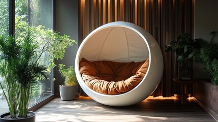 A modern interior with a white pod chair, brown cushions, plants, and wooden wall paneling design