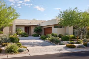 Fototapeta premium Modern house with desert landscaping on white background
