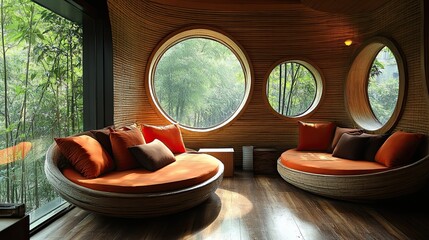 Interior view of a circular room with round windows overlooking a bamboo forest and woven furniture