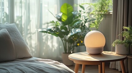 Illuminated sphere lamp on wooden table near bed and lush plants in a bright sunlit room setting