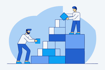 Team building, construction collaboration, block staircase, men working together to build, creative teamwork, construction project concept.