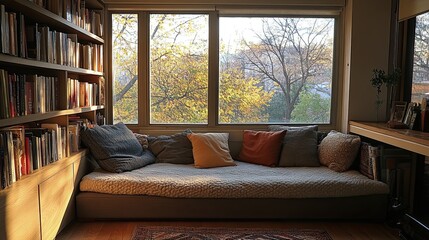 A cozy reading nook with a window seat surrounded by bookshelves and a view of autumn trees outside