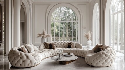 A luxurious living room with a curved sofa, marble table, and large windows offering natural light