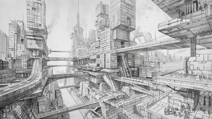 Fototapeta premium A retrofuturistic brutalist plaza with multi-levels, huge bridge-buildings over a river, monolithic architecture, futuristic trains, crowds—all captured in a detailed pencil sketch...