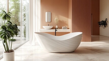 A contemporary bathroom featuring a sculpted bathtub, a vanity, and a large window with greenery