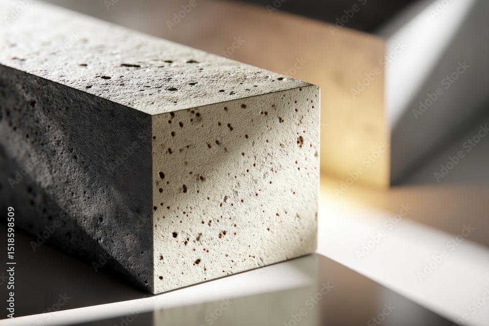 Poster a close-up shot of a porous concrete block with detailed texture and depth, showing subtle lighting 