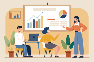 Office team discussion, three people analyzing graph with laptop, corporate project, business collaboration, office meeting, professional interaction.