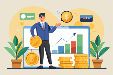 Financial success concept, person holding coin with economic graph and coin stacks, corporate profit, business achievement, office finance, professional growth.