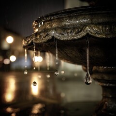 A close up of a water fountain with water droplets falling in the night time with blurred lights behind