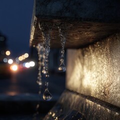 Water droplets hanging from a concrete structure with blurred city lights in the background at night time