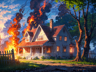 suburban house burning