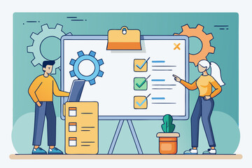Project planning discussion, two people analyzing task list with gears, corporate workflow, business process, office strategy, professional task management.