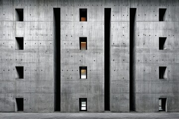 An abstract architectural wall design in gray concrete with minimalist openings and narrow recesses, showcasing a modern, brutalist aesthetic and textural richness.