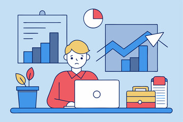 Work performance decline, data trend analysis, individual job stress, project result disappointment, man face business downturn, office difficulty concept.