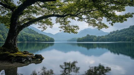 A scenic view of a lake surrounded by mountains and lush greenery with a large tree in foreground