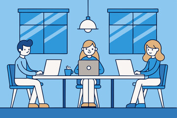 Three people in blue office using laptops, business or collaboration concept, workspace and productivity, teamwork and focus.