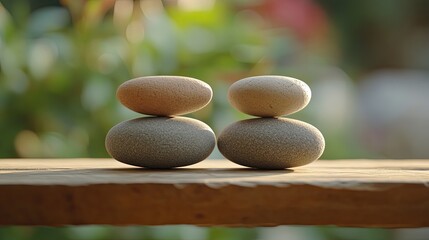 Two stacks of smooth stones balanced on a wooden surface against a blurred green background outdoors