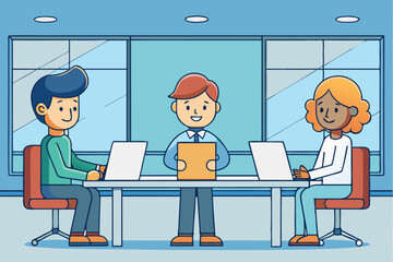 Three people in office using laptops, business or collaboration concept, workspace and discussion, productivity and teamwork.