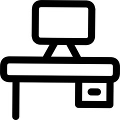 Simple line drawing of a desk with a monitor and a drawer, suitable for office or workspace illustrations.