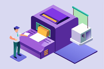 Man operating large purple industrial machine, working process, production or manufacturing concept, paper feeding, equipment operation, modern factory or workshop scene.