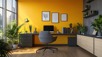 A modern home office with yellow walls, a gray desk, and several plants near a large window view