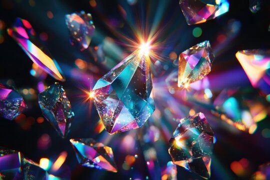 A mesmerizing array of shimmering crystals caught mid-air, refracting light into vibrant, iridescent colors and creating a magical spectacle.